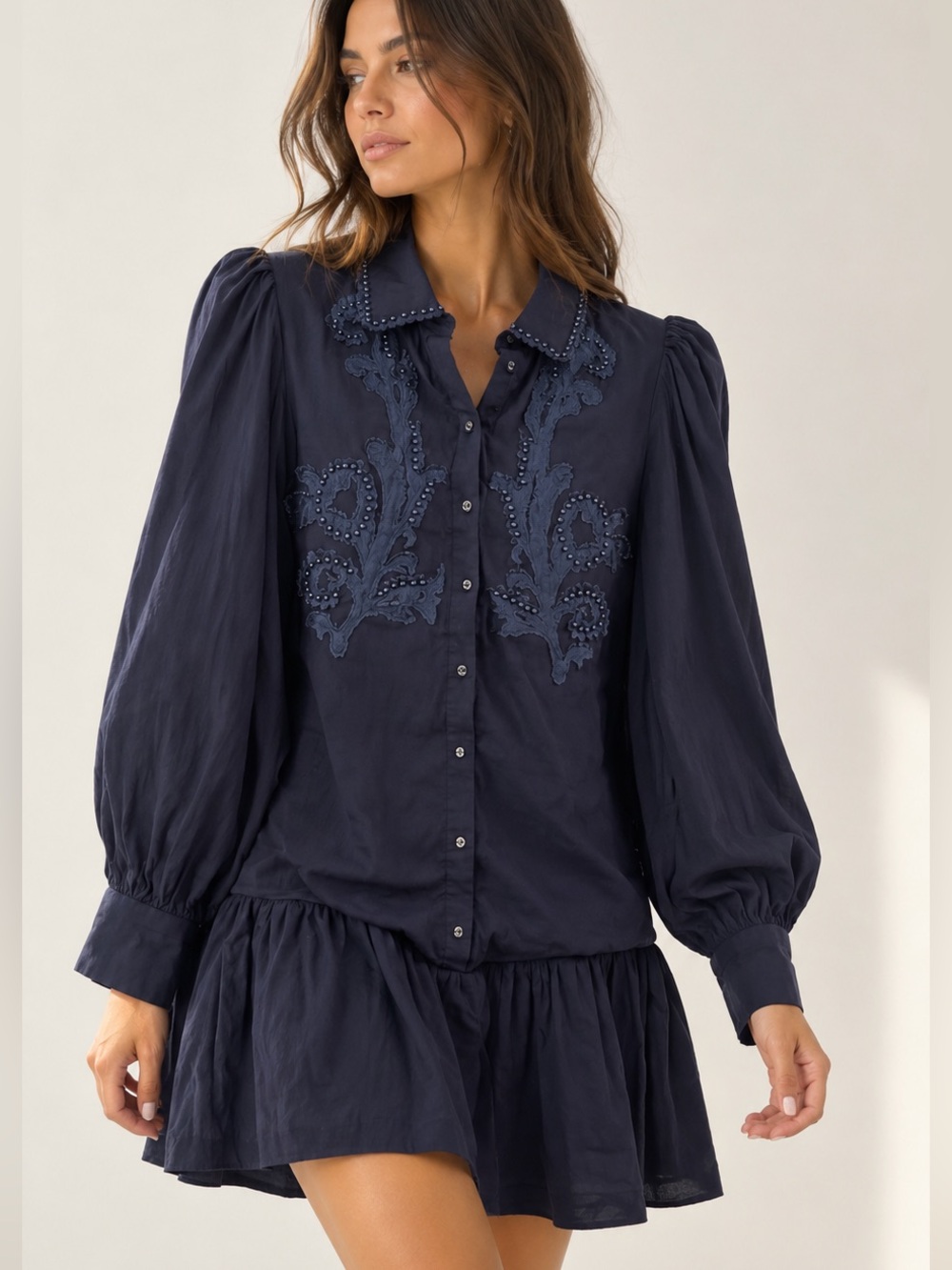 Taelynn | M | Navy Embroidered Button-Front Tunique Dress